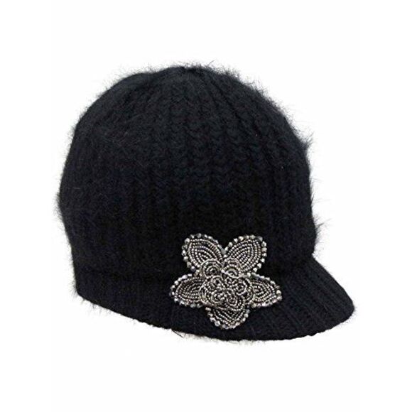 Angora Knit Newsboy Hat With Beaded Flower - Picture 5 of 8